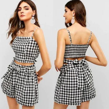 

Women's Plaid Printed Clothes Sets New Sexy Slim Camisole Shorts Set Costume Suits Ladies' Summer Clothing Sets