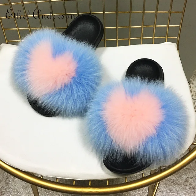 2021 Hot Sale Women Real Fox Fur Slippers Multi-color Summer Fashion Slides Casual Female Furry Shoes As picture