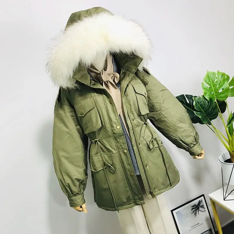 Army green3 Зимняя куртка для женщин, пальто для женщин, белая утка, парки, сплошной меховой воротник, с капюшоном, перо, белая утка, куртки - Цвет: Army green3