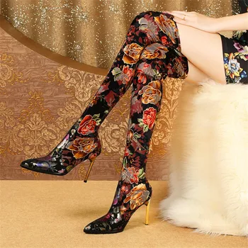 

2020 Spring Autumn New Vintage Women Print Slip-on Over The Knee Boots Warm Tight High Heels Boots Sexy Prom Dancing Shoes Woman