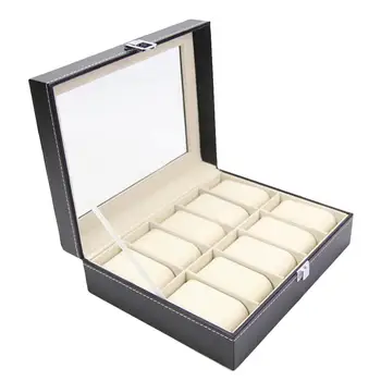 

Watch Storage Box Large 10 Grids Wooden Jewelry Box PU Leather Display Jewelry Case Gift Box Storage Case With Lock And Mirror