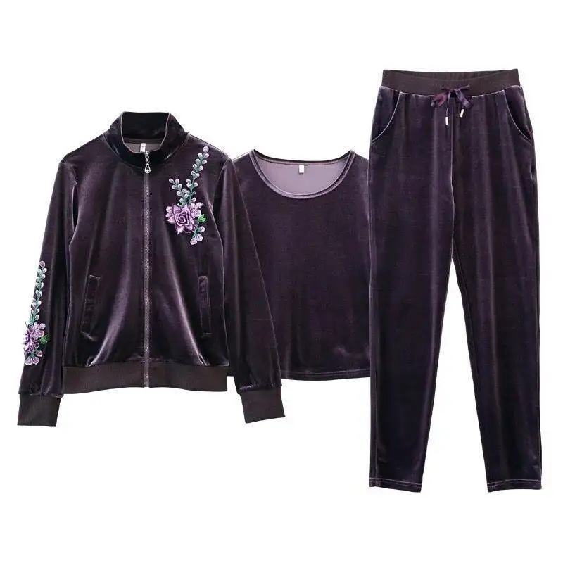 

Tracksuit Women Set Velvet Vest Long Sleeve Embroidery Jacket Pants 3Piece/Set Ensemble 2019 Fashion Walker Casual Mom Clothes