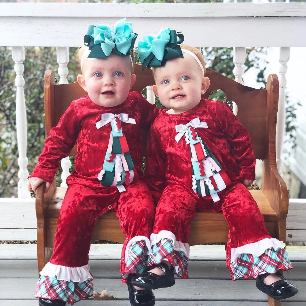 Baby Christmas Rompers Jumpsuits Kids Boy Girl Infant XMas Velvet Romper Jumpsuit Long Sleeve Flared Playsuit Outfit Hot