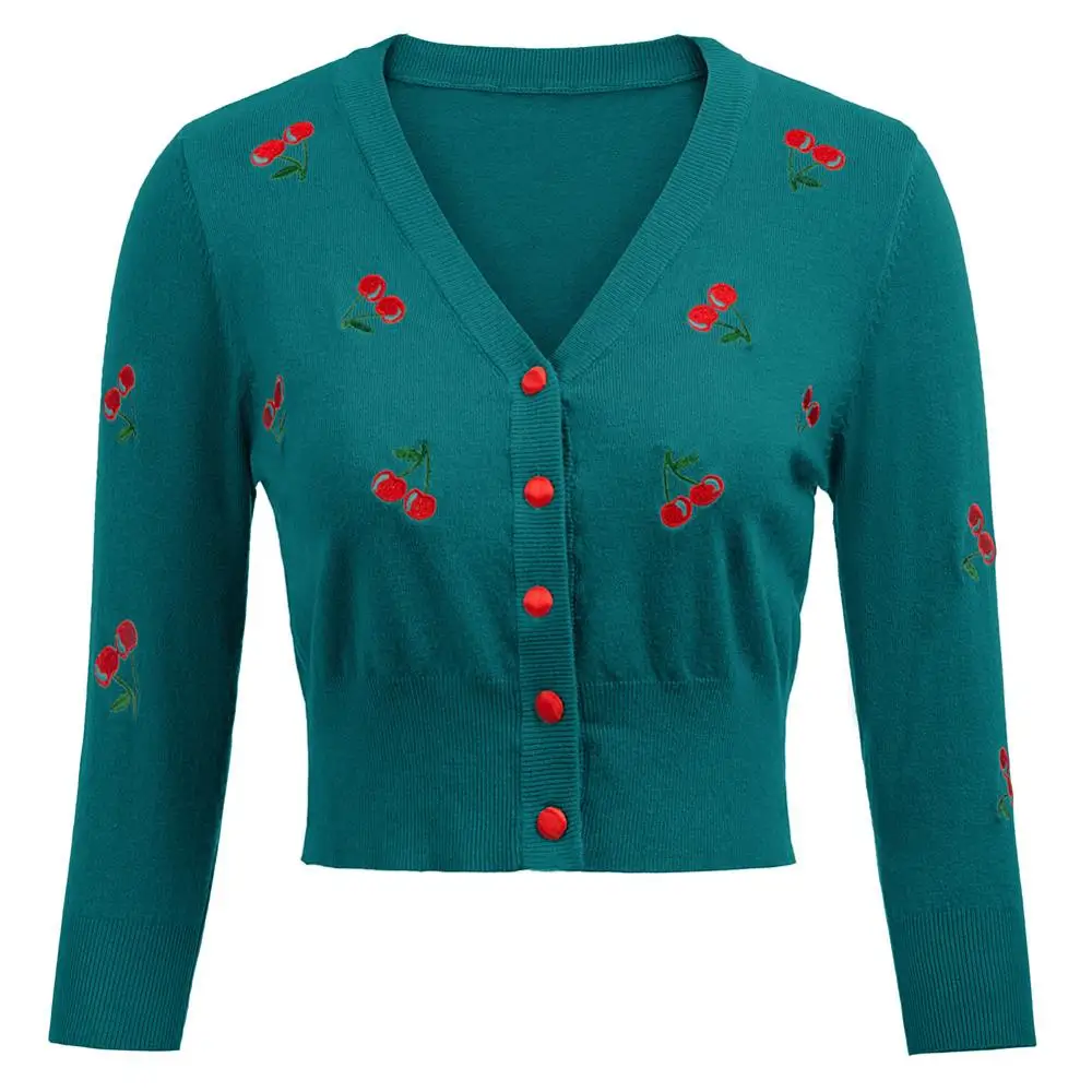 Belle Poque 여성 자켓 가디건 탑 가을 봄 체리 자수 점퍼 3/4 슬리브 v 넥 크롭 니트 코트 니트웨어