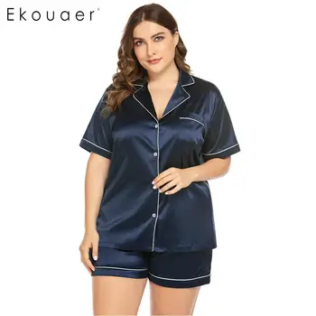 

Ekouaer Women Plus Size Pajamas Satin Sleepwear Button Down Collar Solid Color Loose Home Pajama Set Female Big Nightwear Suits