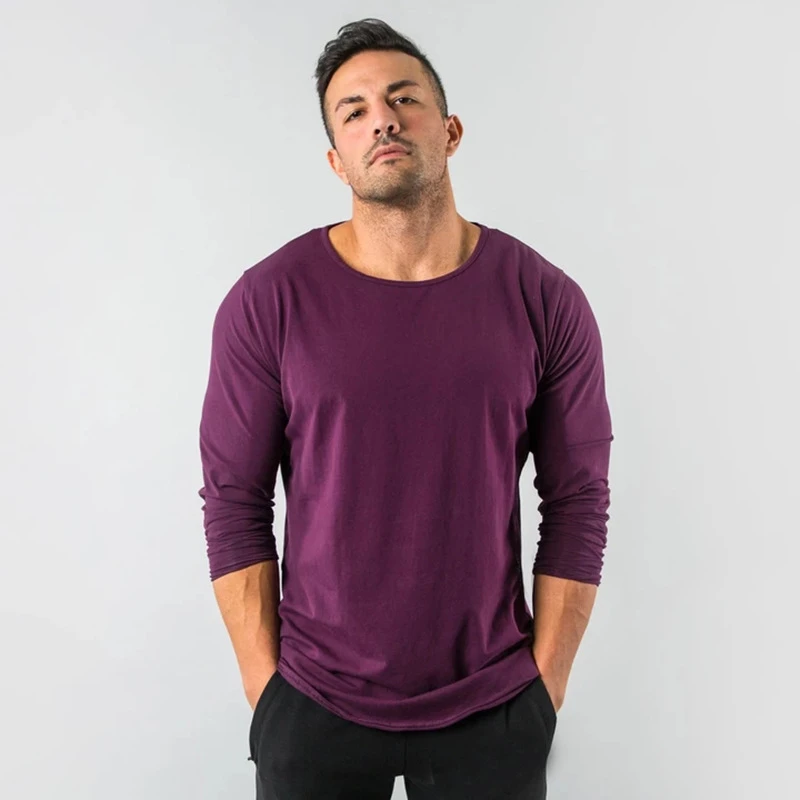 purple Новая спортивная мужская футболка с длинным рукавом, летняя футболка для бодибилдинга и фитнеса, Мужская футболка с неровным подолом и коротким рукавом - Цвет: purple