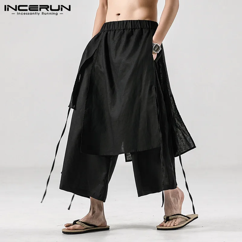 Wide Leg Pants Wide Leg Sweatpants INCERUN Solid Color Men Casual Pants Joggers Elastic Waist Loose Irregular Skirt Trousers Men Streetwear Harajuku Wide Leg Pants