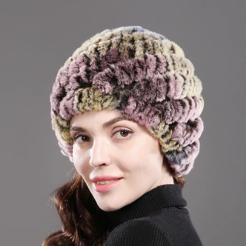 colorful 3 Зимняя шапка для русской зимы из натурального меха, женская вязаная шапка ручной работы из натурального кролика Рекс, меховые шапочки, теплые мягкие шапки из меха кролика рекс - Цвет: colorful 3