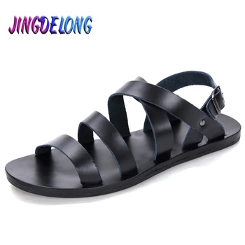 

Handmade Summer Men's Sandals High Quality Leather Roman Narrow Band Men Beach Sandals Comfortable Soft Male Driving Shoes 2020