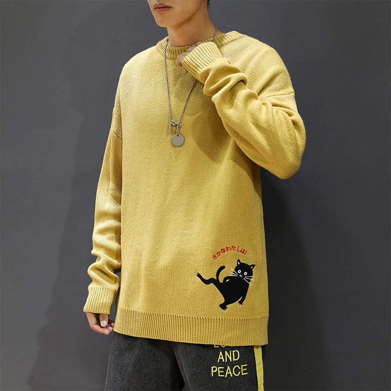 Дропшиппинг свитеры хлопок Кот Вышивка свитеры японская зимняя уличная одежда винтажный свитер осень мужские однотонные Топы - Цвет: Yellow(AsianSize)