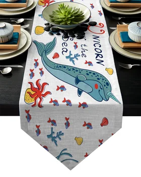 

Cartoon Unicorn Of The Sea Table Runner Table Flag Home Party Decorative Tablecloth Table Runners for Wedding