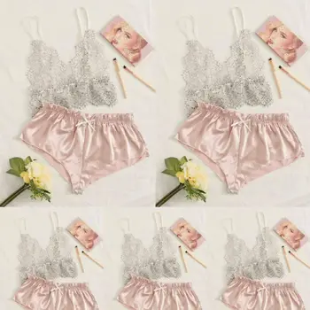 

NEW Women Pajamas Silk Pajamas Sleepwear Nightwear Deep V Sling Lingerie Set Summer Fashion Sexy Sleeveless Lace Sleepwear Set