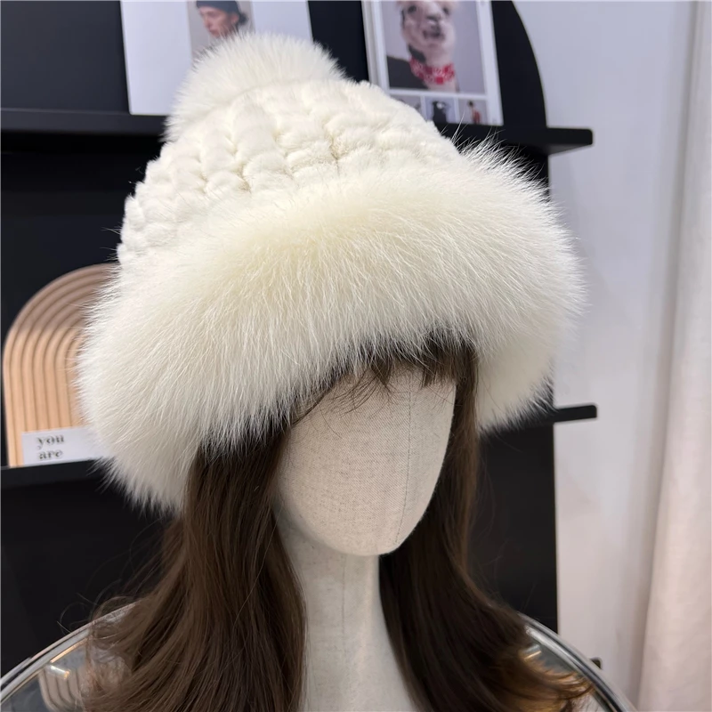 

Winter Warm Bucket Hat Real Rex Rabbit Fur Cap with Natural Fox Fur Brim Pompom Ball Head Wear