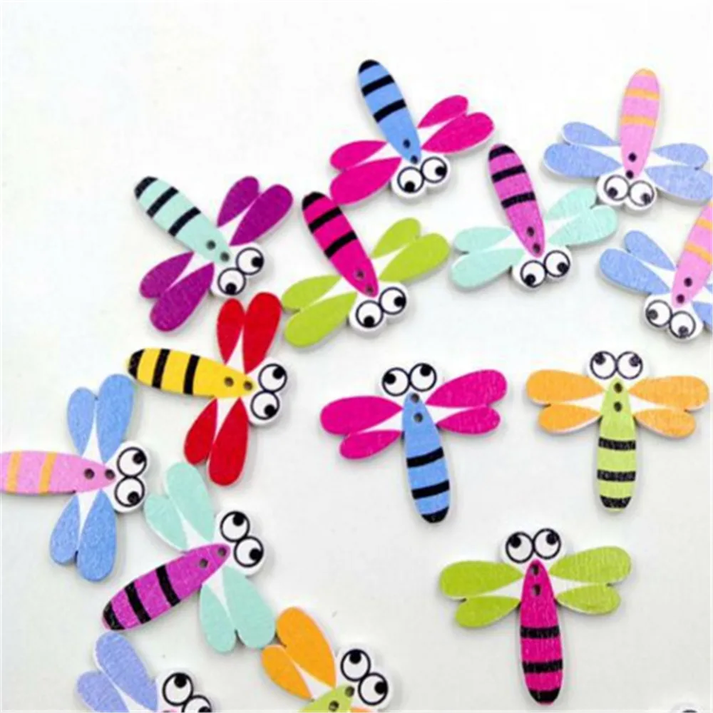 

50Pcs/Pack Wooden Buttons 2 Holes Mixed Color Cartoon Dragonfly Shape Sewing Buttons Kits DIY Decoration Handmade Scrapbooking