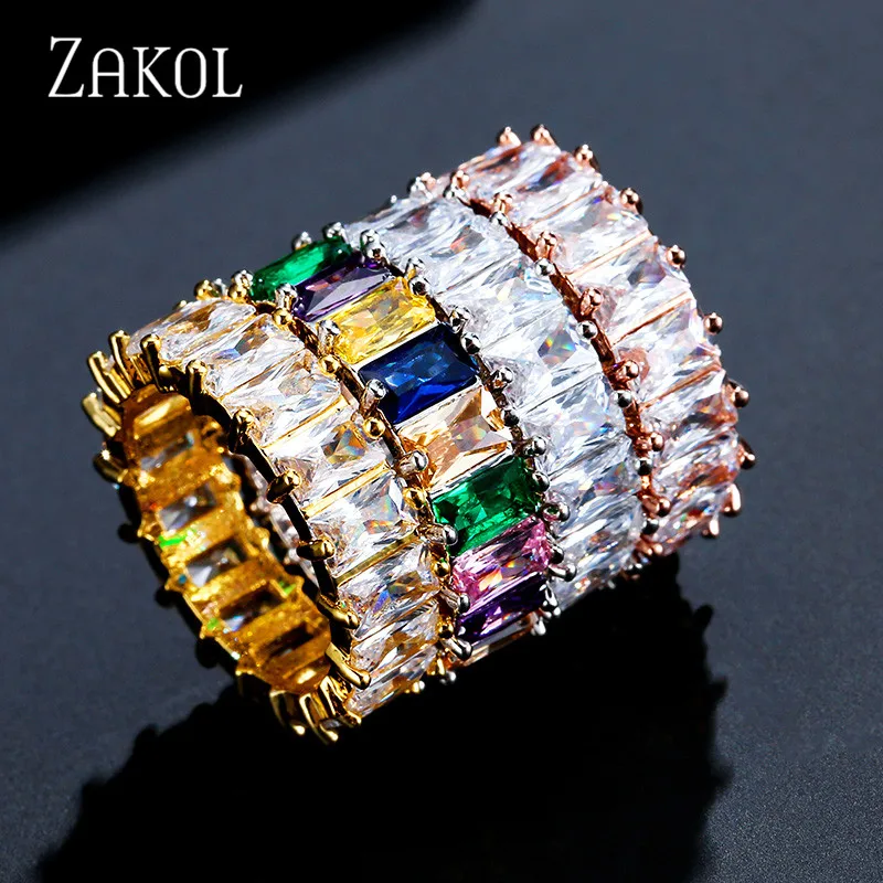 ZAKOL Fashion Mutilcolor AAA Baguette Cubic Zirconia Wedding Finger Rings for Women Luxury T Shape Stone Party Jewelry FSRP2119