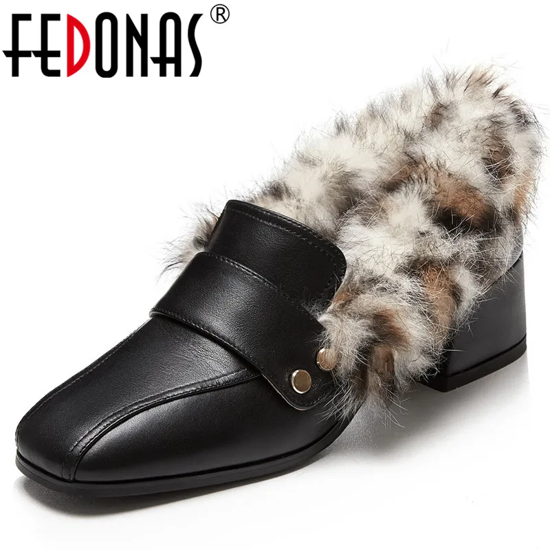 

FEDONAS Rome Women Shallow Rabbit Hair Pumps Spring Autumn Warm Genuine Leather High Heels Party Office Shoes Woman Loafers
