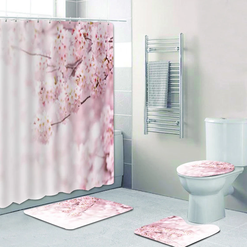 Romantic Cherry Blossom Shower Curtains Bathroom Curtain Set Pink White Floral Flowers Bath Curtains Toilet Mat Rug For Bathtub Shower Curtains Aliexpress