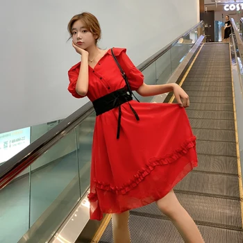 

French Fairy Retro Summer Women Dress Red Young Style A-line V-neck Summer Clothes For Women Luxury Dresses Temperament