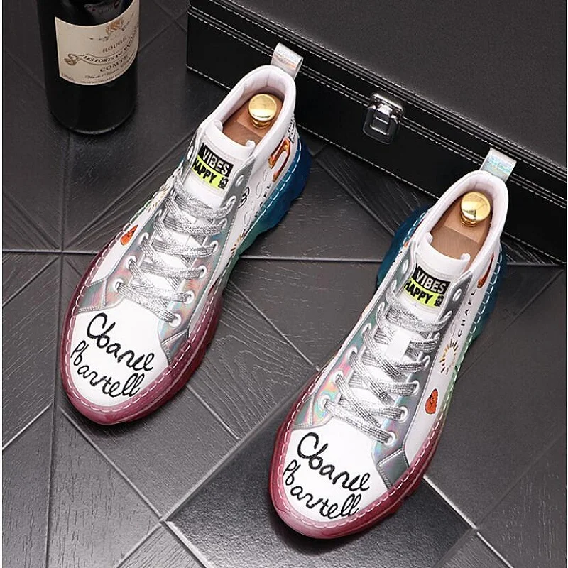 Mens Sneakers Graffiti-Shoes Rivets Toe-Runway High-Top Fashion White Lace-Up Loafers