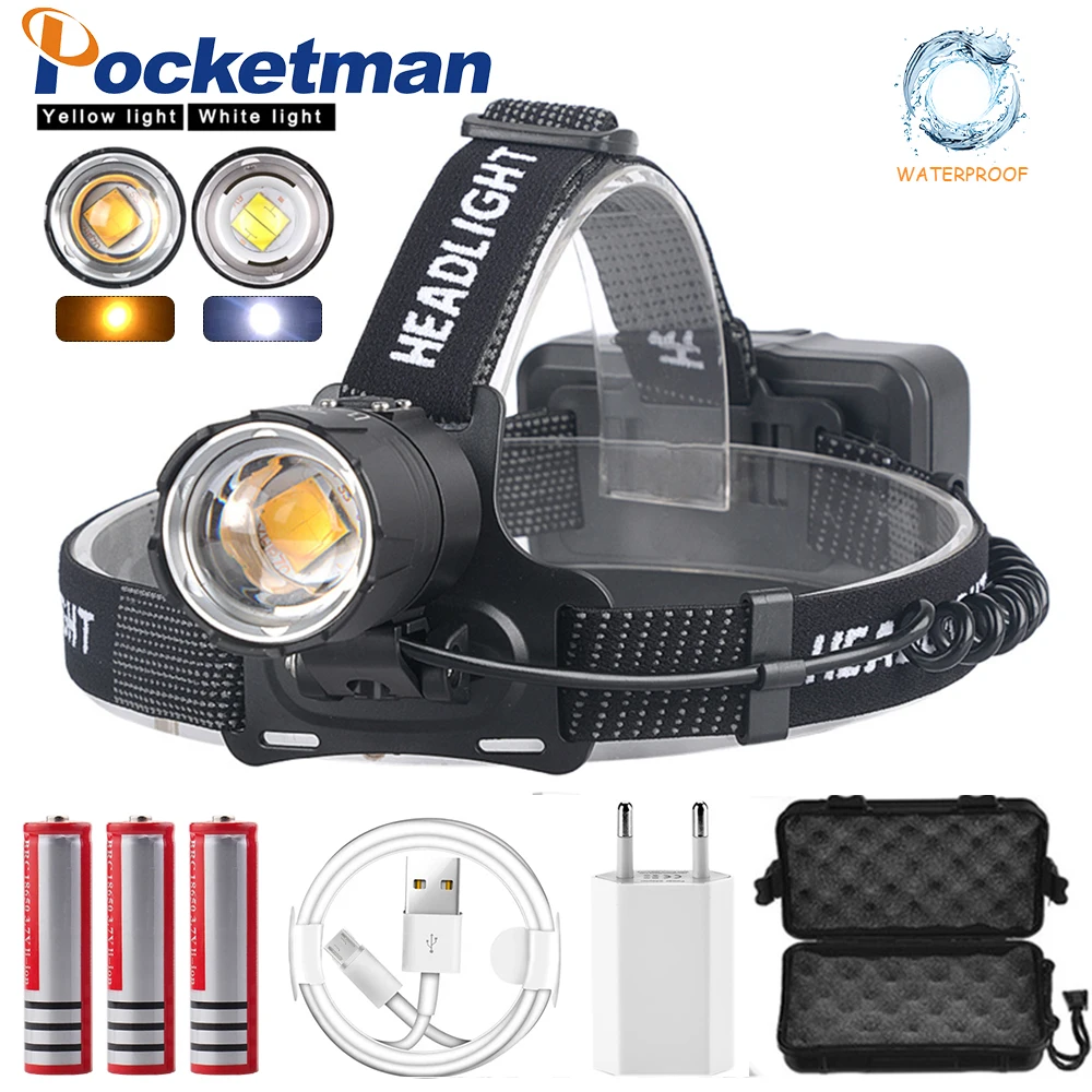 

100000LM XHP70.2 Led Headlamp XHP70 Most Powerful Yellow or White Led Headlight Fishing Camping ZOOM Torch Use 3*18650 batteries