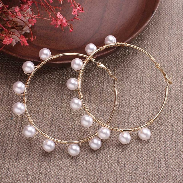 Plain Gold Color Metal Pearl Hoop Earrings Fashion Big Circle Hoops Statement Earrings for Women Party Jewelry