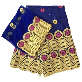 

2019 wonderful Royal blue Bazin Fabric embroidered African Beaded bazin riche getzner for match Tulle Mesh Lace party dress F-46