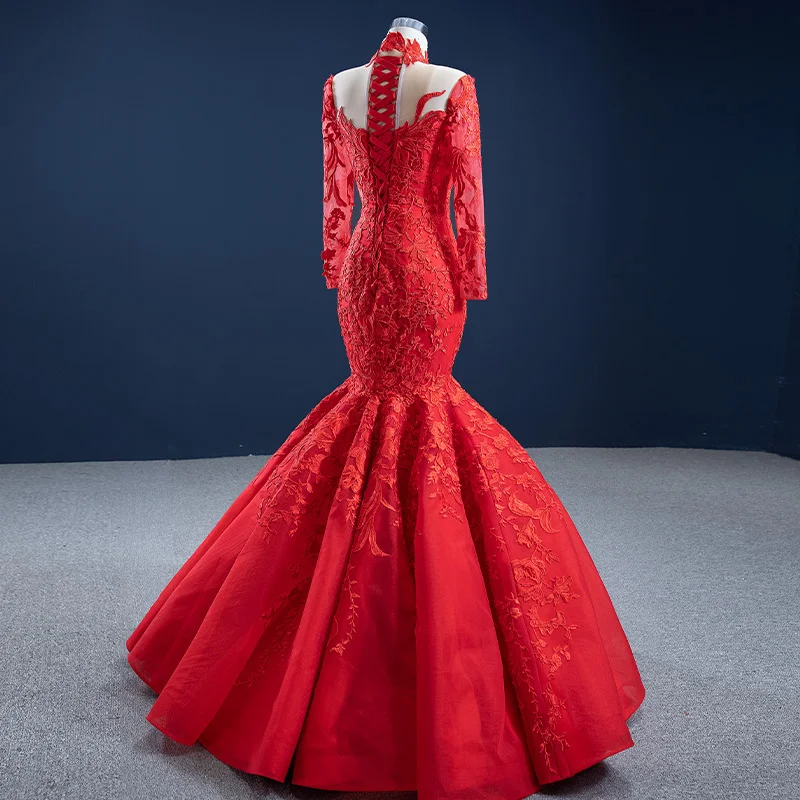 RSM67174 Red Luxury High Neck Applique Print Long Sleeve Party Dress 2021 Lace Backless Frill Evening Gown 3