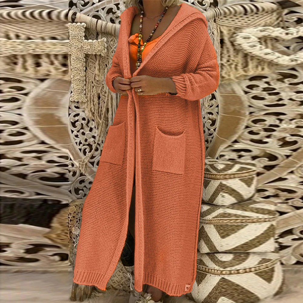 Женский длинный вязаный кардиган верхняя одежда с карманами и капюшоном осень 2019