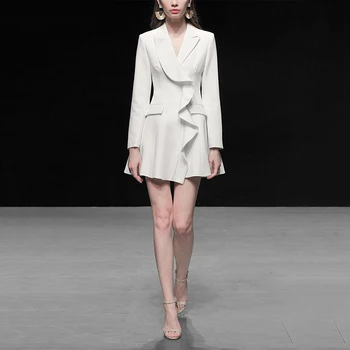 

Ladies Elegant Ruffles White Blazer Office Dress 2020 Runway Designer Women Casual Notched Long Sleeve A-line Short Slim Dress