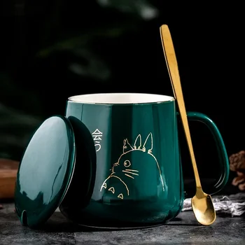 400ml New Product European Style Light Luxury Gold-painted Ceramic Coffee Mug with Lid Spoon Water Cup Cartoon Totoro Mug 1