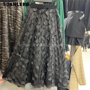 

Autumn Winter 3D Floral Petal Skirt Women New Women's Skirts Petals Mesh Skirt Fashion Joker Elastic Waist Black Jupe Femme