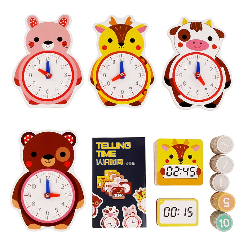 

Children'S Educational Wooden Teaching Clock Cartoon Animal Time Cognitive Alarm Clock Baby Early Childhood Interactive Toy