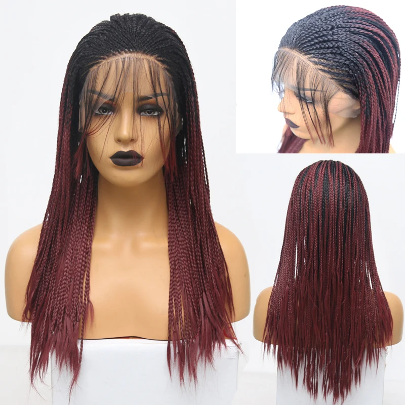 

RONGDUOYI Long Two Tone Burgundy Synthetic Lace Front Wig Ombre Red Heat Resistant Hair Braided Box Braids Lace Wigs for Women