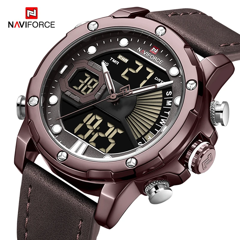 Люксовый бренд, NAVIFORCE, мужские часы, кожа, кварцевые наручные часы, светодиодный, цифровые, спортивные, светящиеся, водонепроницаемые часы для мужчин, Relogio Masculino