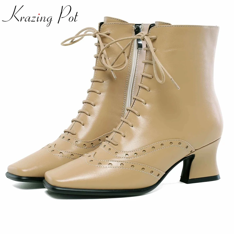 

krazing pot 2019 full grain leather lace up square toe Chelsea boots high heels party carving hollow decoration ankle boots l1f2