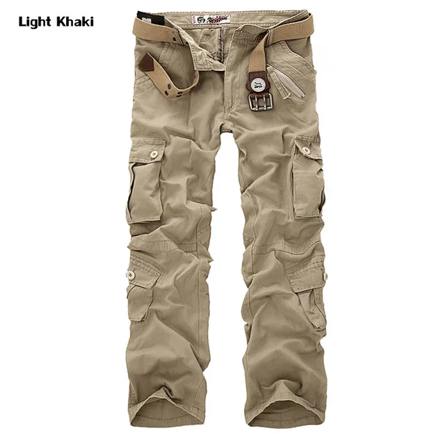 light khaki Мужские брюки-карго с карманами, Стрейчевые хлопковые повседневные свободные мужские военные брюки, мужские брюки, камуфляжные брюки для бега, мужские брюки - Цвет: light khaki