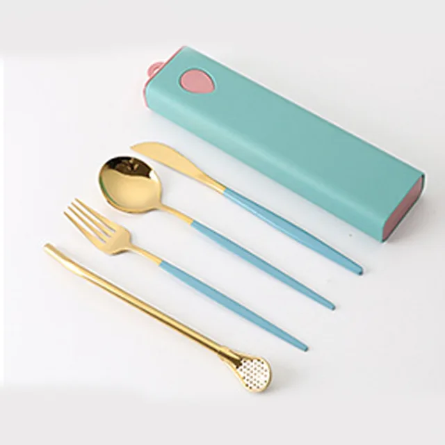 3PCs/4PCs Glossy Stainless Steel Tableware Spoon Fork Knife Straw Reusable Travel Cutlery Set Camp Utensils Set Portable Case A-Blue