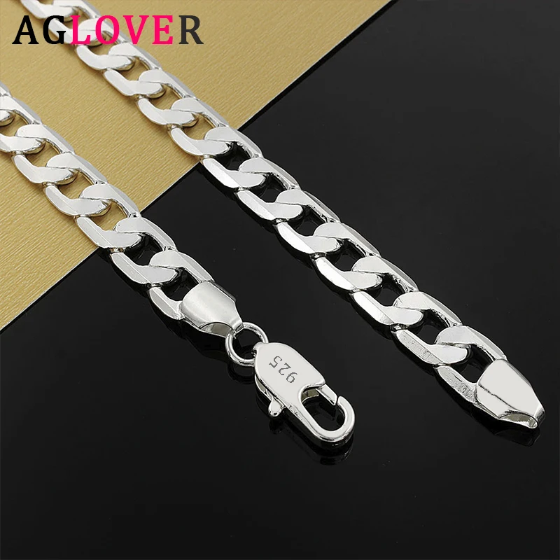 AGLOVER New 925 Sterling Silver 16/18/20/22/24 Inch 8MM Side Chain Necklace For Woman Man Fashion Charm Jewelry Gift