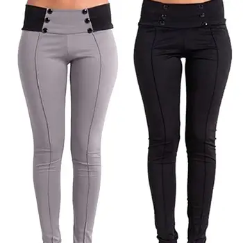 

Fashion Women Pants Color Block High Waist Leggings Skinny Pencil Pants with Buttons Decor For Stretch Stretch Women's Pants