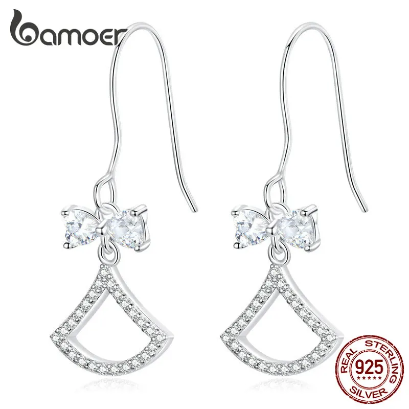 

bamoer Bowknot with Fan Dangle Earrings for Women Wedding Engagement Jewelry Sterling Silver 925 Fashion Ear Jewelry BSE281