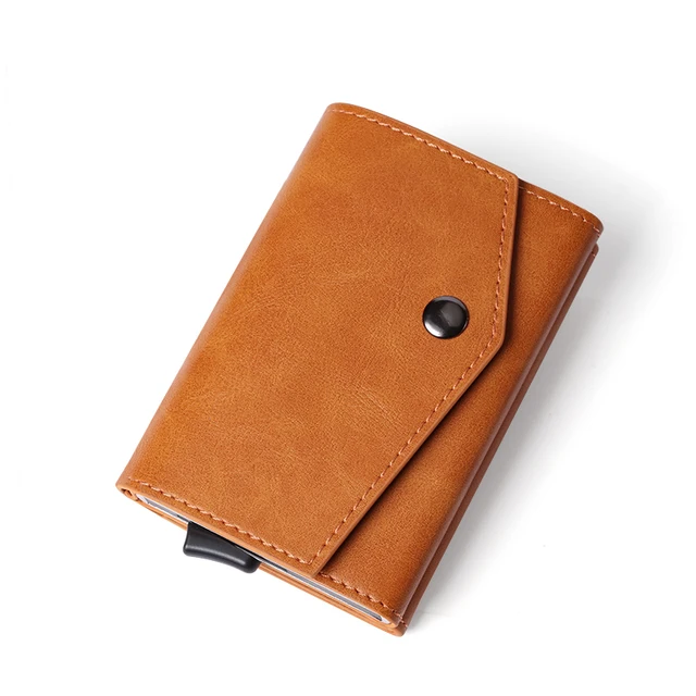 Aluminum Metal Pop up Credit Card Wallet 2021 New Fashion Men RFID NFC Protection Tri-fold PU Synthetic Vintage Smart  Wallet Brown