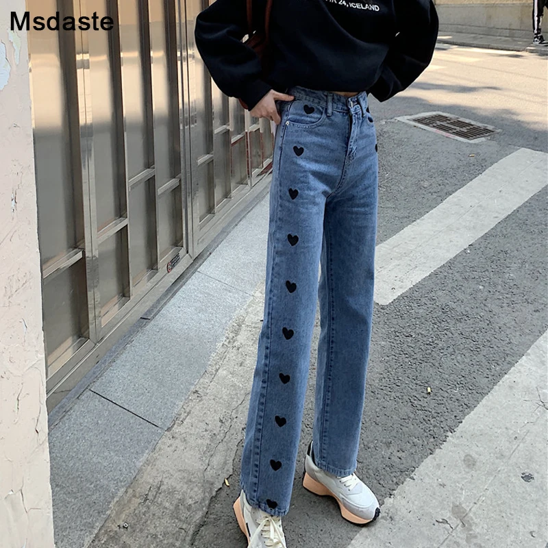 

Jeans Woman Straight Type Vintage Blue Denim Trousers High Waist Heart Print Pantalones Straight Vintage Cotton Women Pants