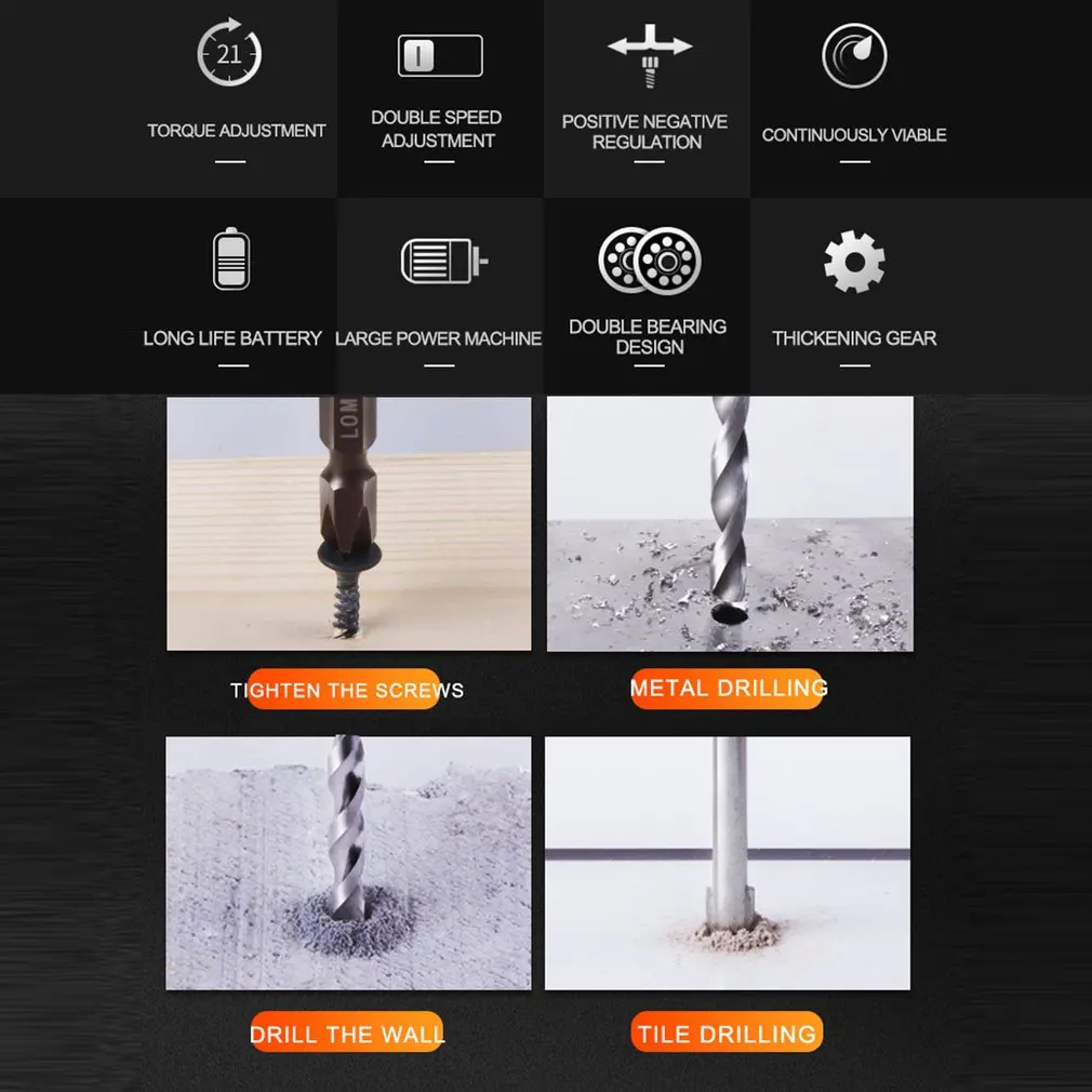LOMVUM 12V Electric Drill Waterproof Rechargeable Multifunction Electric Screwdriver Mini Cordless Drill