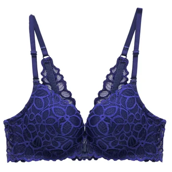 

Elovegirl Blue Beautiful Back Sexy Lace Flora Front Closure Bra Wire Free Push Up 3/4 Cup One-Piece Comfortable Lycra Underwear