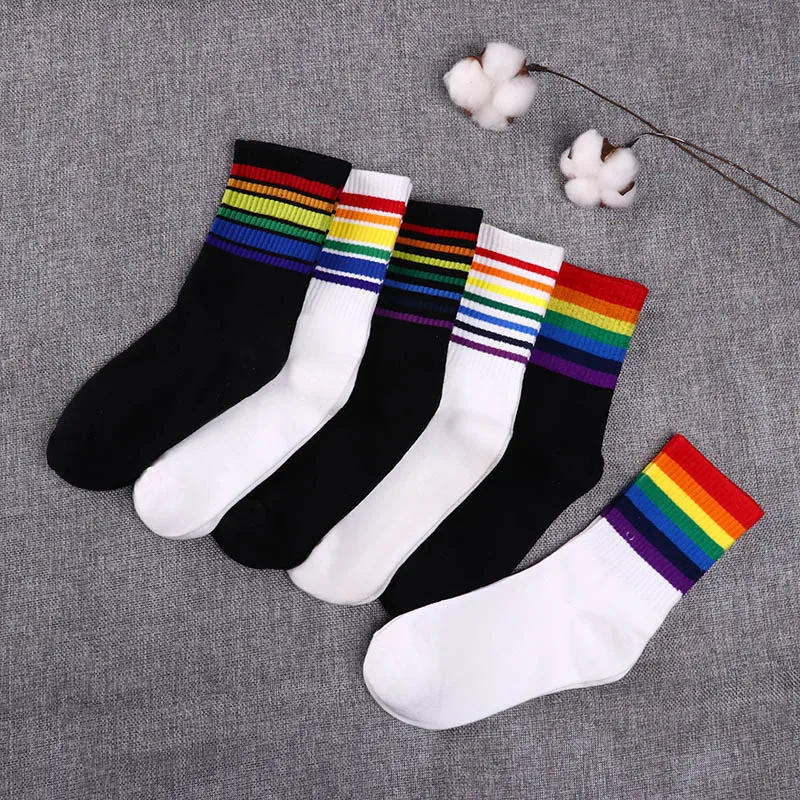 Зимние женские хлопковые носки в радужную полоску, модные теплые рождественские носки, повседневные корейские носки harajuku