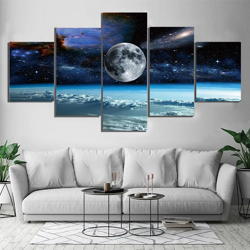 5 Pieces of HD Printing Art Space Universe Moon Stars Painting Modular Wall Home Decoration Poster Living Room Without Frame