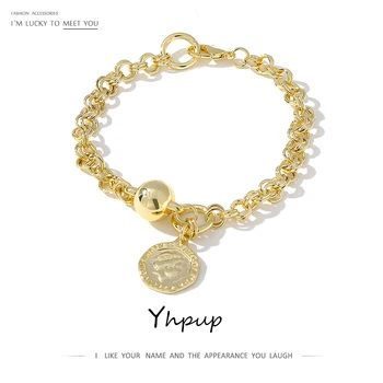 

Yhpup Simple Portrait Pendant Link chain Bangle Bracelet for Women Stylish New Design Metal Texture Bracelet Jewelry Party Gift