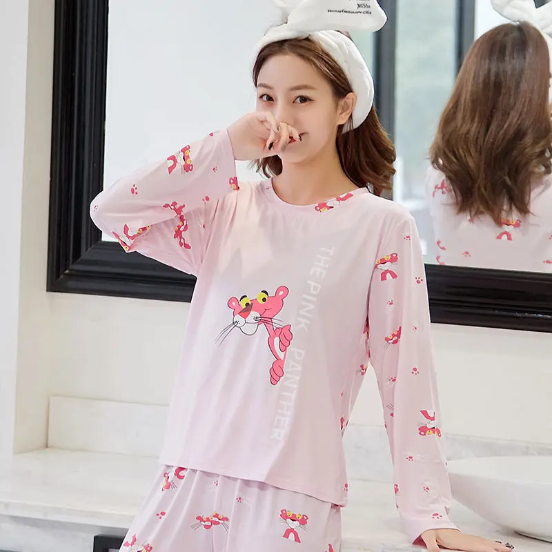 

Spring And Autumn Pajamas Female Summer Two-Piece Set Qmilch Long Sleeve Thin Cartoon Cute Spring And Autumn Casual Homewear Set