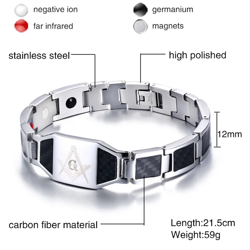 Браслет из титановой стали для мужчин с масонской кладкой, магнит германий, голограмма, браслеты для здоровья, мужские ювелирные изделия, черные/золотые браслеты B4