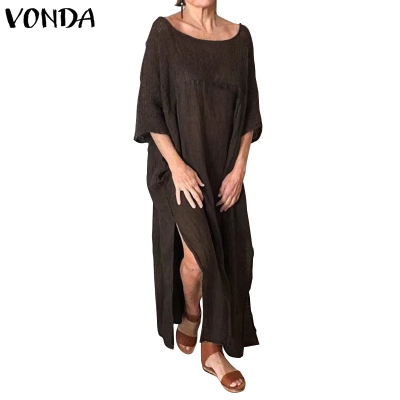 VONDA, женское осеннее платье, сексуальные, с рукавом 3/4, с разрезом, вечерние, макси, длинные, платья для беременных, лето, vestidos, женский пляжный Сарафан - Цвет: Коричневый
